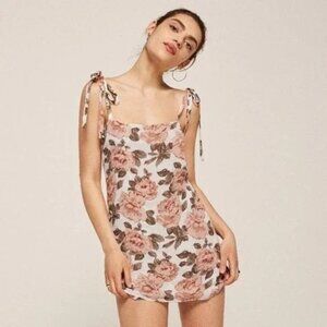 Reformation Dixie Womens Mini Dress Rose Floral Print Peach/White Tie Shoulder X